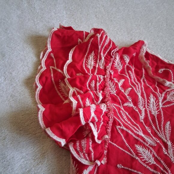 Solitaire Women's Size Small Red Embroidered Bohemian Ruffle Feminine Top - Picture 8 of 12
